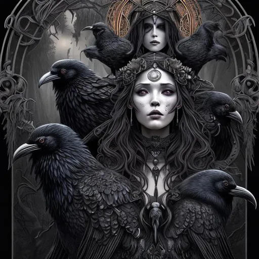 Prompt: ultra realistic, echopunk style goddess of death and goddess of death with two ravens on both sides, art nouveau-digital art style, dark cinematic, extra detailed, mesmerizing
