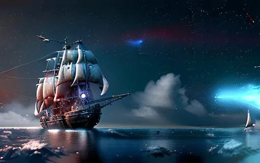 Prompt: Panoramic,Solar storm thrashes British Galleon sailing through space dust in galaxy dust,stars,concept,illustration,UHD,Realistic,billion stars