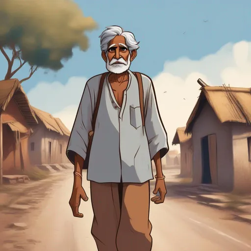 Prompt: front facing, rural Indian man walking down the street, old, weak, brown skin, grey hair, brown eyes, small smile on his face, indian clothes, Indian village, village houses in the distance, warm atmosphere, blue sky, cartoony style