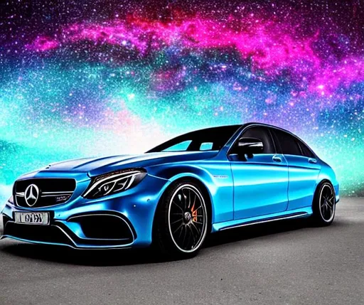 Prompt: Cyan Mercedes Amg c63, Perfect, smooth, galaxy, magical planets, neon, stars, night, dark