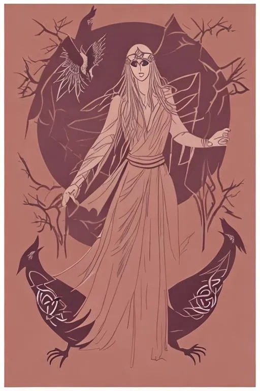 Prompt: celtic pagan goddess: The Morrigan. Crows. winter trees.   death goddess. black birds. Black robe, Black Hair.