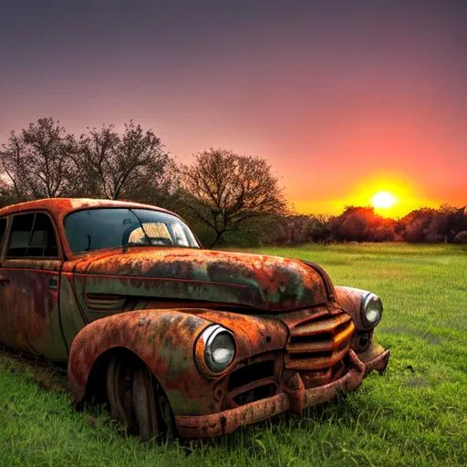 Prompt: super old rusty car, sitting under tree, beautiful, sunset, grass