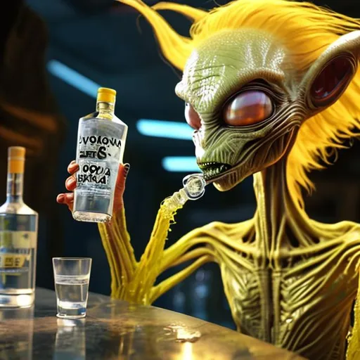 Prompt: an alien sitting on a table and drinking vodka with yellow hair