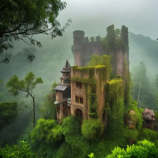 Prompt: Medieval faraway Castle in the deep deep woods, with a tower, black tiles, thick green ivy and moss and bougainvillea, surrounded by thick Nepali bamboo trees and groves, dark misty weather, cloudy, misty, no sun, bright, beautiful, fairy tale 