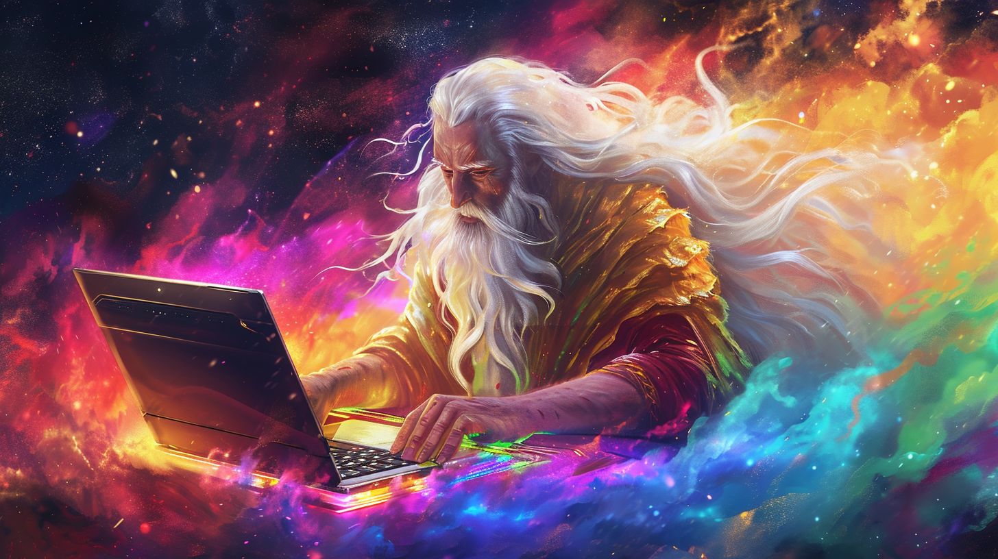 Prompt: a golden godlike man with white flowing hair looking over his kingdom from ontop of his very rainbow colored very high tech PC laptop like a Laptop Lord --ar 9:16 --v 6.0