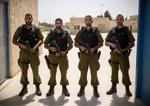 Prompt: A team of IDF security guards, including both men and women, standing vigilant at the entrance of an operational base. They are ready to prevent intrusions and respond to potential threats from entities