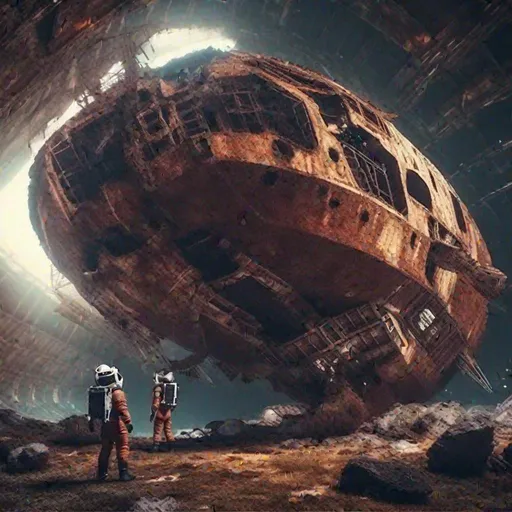 Prompt: wreck broken ancient huge old rusty spaceship astronauts discovering it 