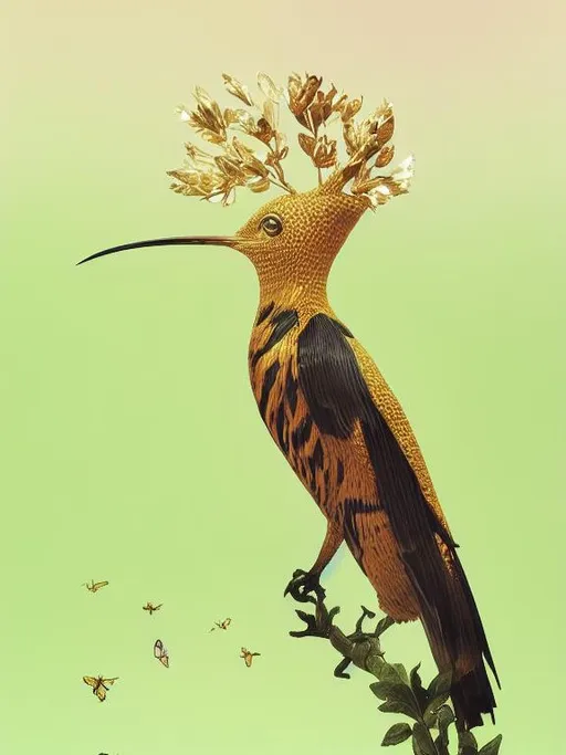 Prompt: Glossy portrait of a golden hoopoe bird Art by  Victo Ngai, Sherry Akrami,   Nicoletta Ceccoli, Anna Dittman, Lucie Bilodeau, Laura Diehl, Remedios Varo, Paul Delaroche,  Sergio di lorio, highly detailed, sharp focus, ethereal, fantastic view, dreamy, Epic, celestial, sparkling, glossy, light emitting,  inner light.