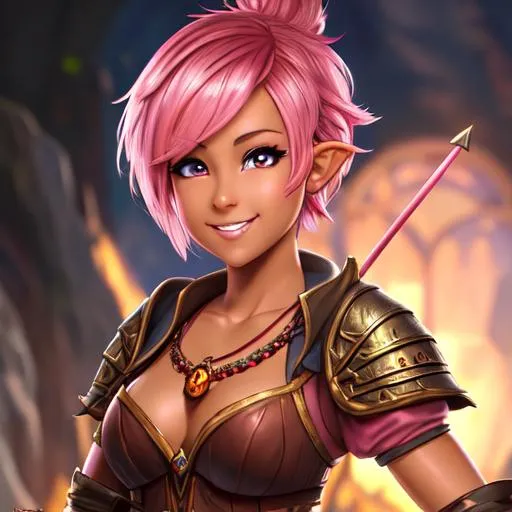 Prompt: oil painting, D&D fantasy, tanned-skinned-gnome girl, tanned-skinned-female, short, beautiful, short bright pink hair, twists cut hair, smiling, pointed ears, looking at the viewer, Wizard wearing intricate wizard outfit, #3238, UHD, hd , 8k eyes, detailed face, big anime dreamy eyes, 8k eyes, intricate details, insanely detailed, masterpiece, cinematic lighting, 8k, complementary colors, golden ratio, octane render, volumetric lighting, unreal 5, artwork, concept art, cover, top model, light on hair colorful glamourous hyperdetailed medieval city background, intricate hyperdetailed breathtaking colorful glamorous scenic view landscape, ultra-fine details, hyper-focused, deep colors, dramatic lighting, ambient lighting god rays, flowers, garden | by sakimi chan, artgerm, wlop, pixiv, tumblr, instagram, deviantart