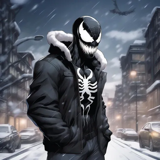 Prompt: Sexy, Anime Style Venom symbiote, wearing a winter jacket, snowy background with street lights, clouds, and buildings.