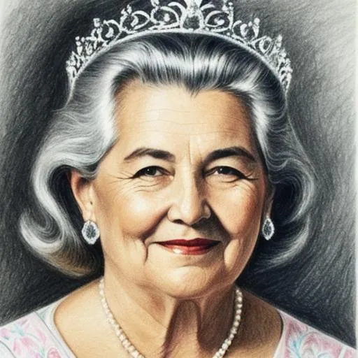 Prompt: A drawing of an older woman wearing a tiara