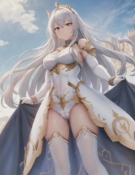 Prompt: Masterpiece, high quality, UHD, 8000k, Valkyrie warrior , 3d rendering, hyper realistic, full body, full face, camel toe visible, massiv camel toe, see-through dresses, background holy Castle background cloudy, White and blue armor, white hair, long hair, golden eyes, cute face, innocent face, high quality face, high quality armor, stainless steel  armor, oily skin, mature woman, serious woman