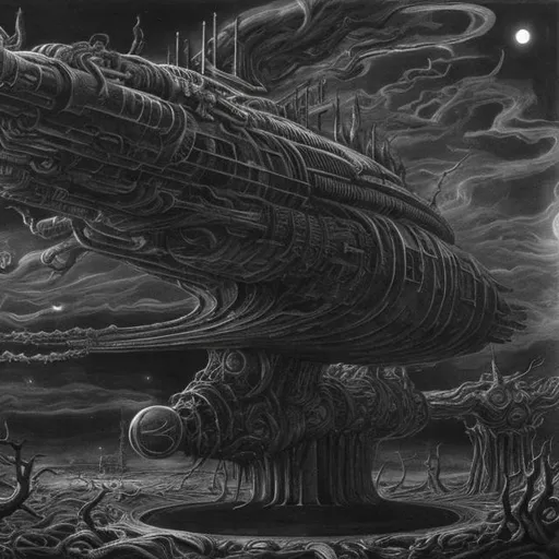 Prompt: Dark space starship armada void filled with dread, Junji Ito style, detailed cosmic horror, high detail, black and white, eerie lighting, surreal void, haunting atmosphere, intense shadows, unsettling shapes and forms, best quality, highres, ultra-detailed, cosmic horror, Junji Ito style, dark tones, surreal, eerie lighting