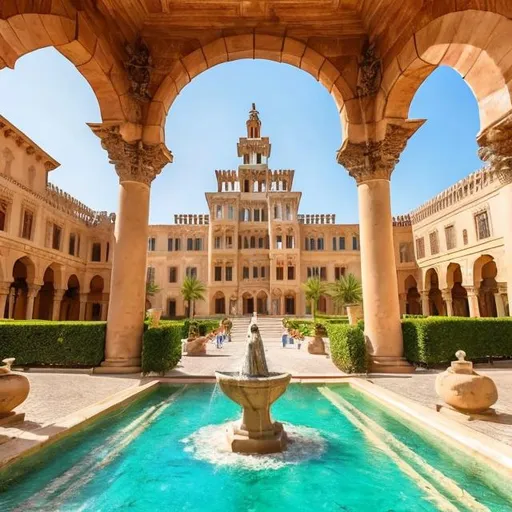 Prompt: Summer court from court of Thornes and roses with a Majestic palace hitten by the sun facing the Sea in arabic and Roman  architecture , there's water fountains and gentle breeze