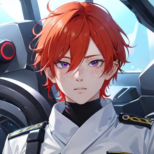Prompt: Erikku male adult (short ginger hair, freckles, right eye blue left eye purple) UHD, 8K, Highly detailed, insane detail, best quality, high quality,  anime style, as a police officer