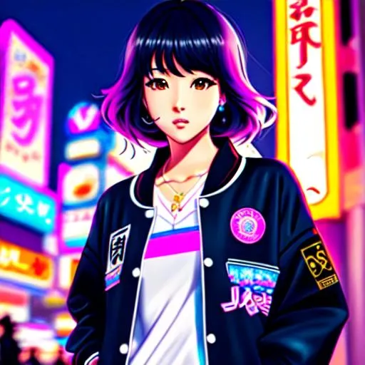 Prompt: vaporwave japan city night time anime girl in varsity jacket smoking a cigarette