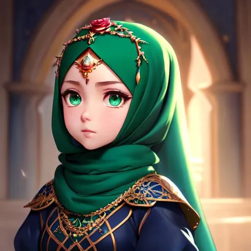 Prompt: Mislim Anime small little girl in hijab thorn princess, knight, braided dark emerald hair, navy green eyes, ice thorns magic, icy rose clothes, smooth forehead, symmetrical, highly detailed body, perfect composition, hyperrealistic, super detailed, 8k, high quality, Splash art, front, epic Instagram, artstation, hyperdetailed intricately detailed, unreal engine, intricate detail, complementary colors, 8k, heavy strokes, full height, full body,