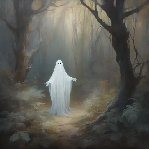Prompt: an iridescent white ghost appears in the woods, in the style of soft brushstroke realism, cartoon-like characters, dark amber and gray, misty atmosphere, otherworldly paintings, eerily realistic, socotra, expressive character designs 