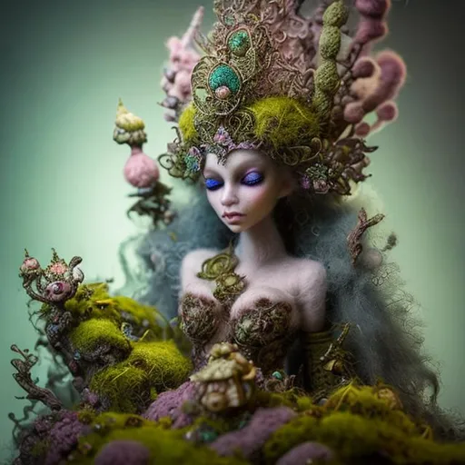 Prompt: needle-felted moss queen, glowing, intricate details, insane details, volumetric lighting
