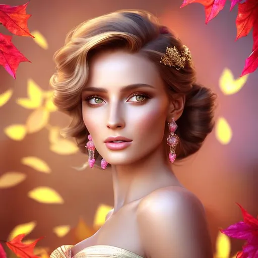 Prompt: HD 4k 3D 8k professional modeling photo hyper realistic beautiful  woman ethereal greek goddess of glory
pink hair updo hazel eyes gorgeous face tan skin beautiful grecian bridal gown full body surrounded by glorious glowing light hd landscape background standing under falling golden leaves and wreathes