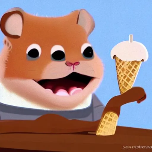 Prompt: Round faced Hamster eating ice cream in Pixar cartoon style 