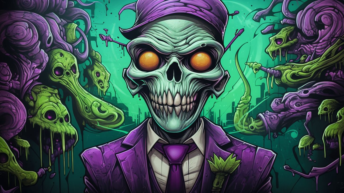 Prompt: The image showcases a vivid and striking graffiti art of a grotesque character with exaggerated facial features, holding up a bottle labeled "GOD RAYS." The character has bulging green eyes, wrinkled purple skin, and a dramatic white coiffure, all set against a teal dripping background. He wears a formal suit and bowtie, presenting a stark contrast to his monstrous appearance.