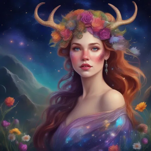 Prompt: A colourful and beautiful Persephone, she is a dragon woman, with scales for skin, antlers and gems in her hair. In a beautiful flowing dress made of wildflowers. Framed by a nighttime sky of clouds, stars and constellations. In a photorealistic painted Disney style.