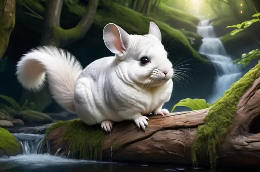 Prompt: photorealistic, detailed, a white fluffy  chinchilla sitting on a tree trunk over a cascading meandering brook on an enchanted romantic fantasy forest, summer, sunny day