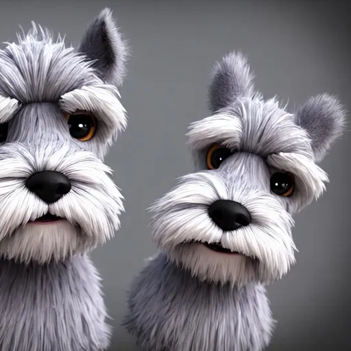 Prompt: 3d fluffy grey miniature schnauzer, closeup cute and adorable, cute big brown circular reflective eyes, long fuzzy fur, long white beard, Pixar render, unreal engine cinematic smooth, intricate detail, cinematic