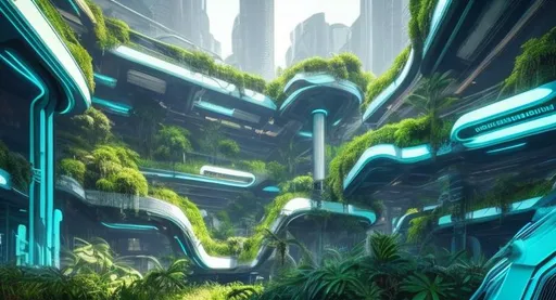 Prompt: Futuristic City Lush Green Overgrown Plants Light Blue Sky High Resolutio
