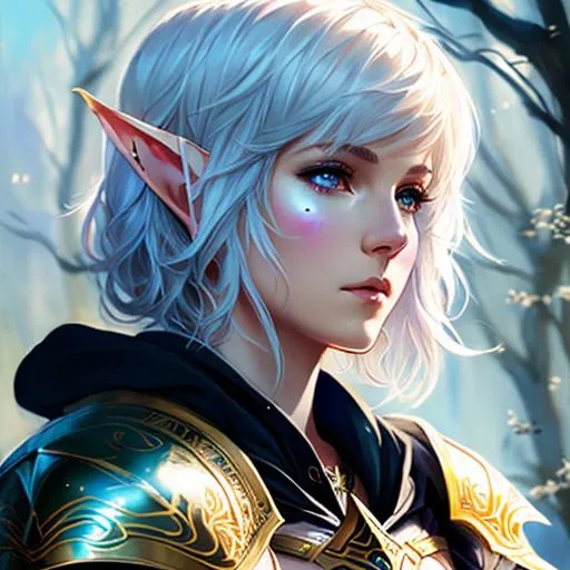 Prompt: paladin, armor, short hair, caplet and hood, female elf, tattoo on cheek, UHD, 8K, high fantasy, (((art by Agnes Cecile))), 