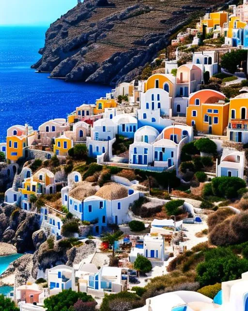 Prompt: The azure waters of the Aegean Sea lap gently against the rocky cliffs and white sand beaches of a Greek island. A classic whitewashed village clings to the hills above.