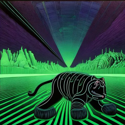 Prompt: giant obsidian cat inlaid with neon green playing guitar, in the style of Jacek Yerka, wide perspective view, infinity vanishing point