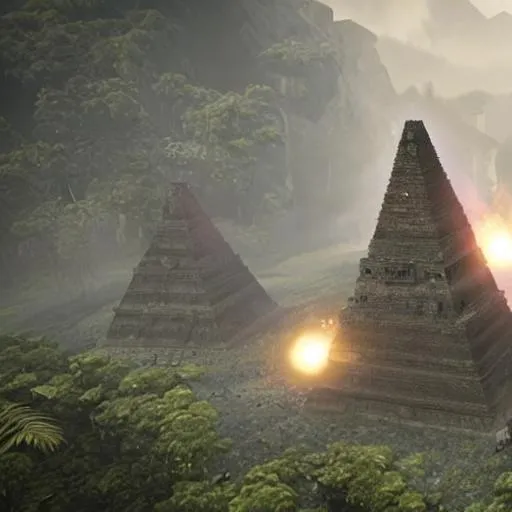Prompt: A group of people wearing Jedi robes at an Incan pyramid found on the Planet Yavin IV, cinematic lighting photo-realistic

