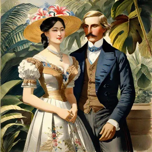 Prompt: (watercolor painting), 1870 portrait, half body, tropical garden, tropical flowers, 2 people (English man, Victorian clothes, oval face, deep-set blue eyes, short wavy blonde hair with side parting, long nose, mustache), (beautiful Indonesian woman, Victorian clothes, round face, high cheekbones, almond-shaped brown eyes, epithanic fold, long wavy black hair, small delicate nose, slightly flattened nose bridge, wide nasal base, light tan skin), style Elizabeth Murray, Watercolor, trending on artstation, sharp focus, studio photo, intricate details, highly detailed, by greg rutkowski