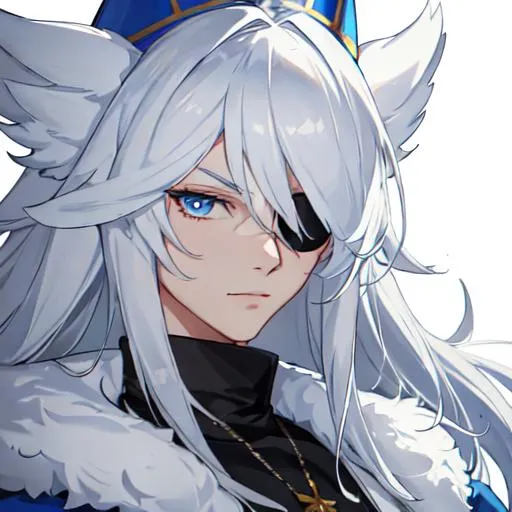 Prompt: Russia as a male human, 8k, UHD,  highly detailed, white hair, blue eyes, wearing a fluffy giant jacket and a ushanka, wearing an eye patch, close up