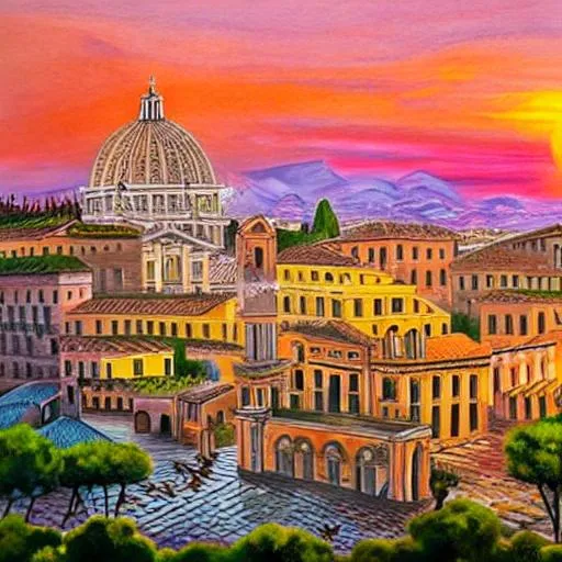 Prompt: beautiful painting of rome italy with birds and a sunset