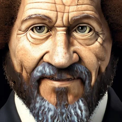 Prompt: Bob Ross stares at you menacingly in something straight from your nightmares, black and white