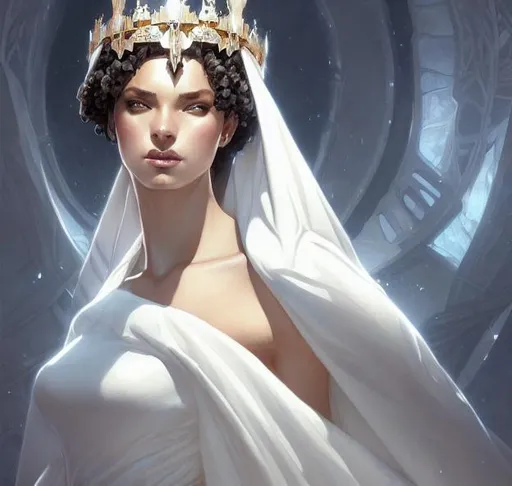 Prompt: niobe prideful queen, gorgeous, amazing, white veil and white dress, elegant, intricate, highly detailed, digital painting, artstation, concept art, sharp focus, illustration, art by artgerm and greg rutkowski and alphonse mucha