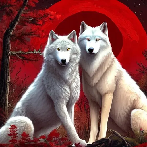 Prompt: a beautiful white male wolf, with his fur tips accented with gold and reds in the moonlight, standing with his male mate, a slim black wolf with his fur accented with gold, red, and baby blues surrounded by forest with the blood red moon peeking through the leaves