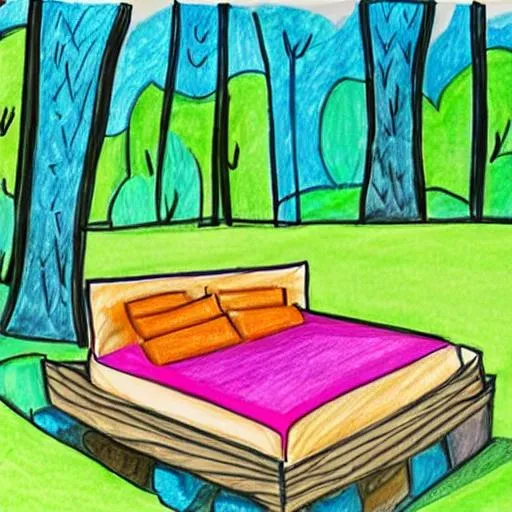 Prompt: a colorful drawing of a bed, that is in the middle of a forest, with solid colors