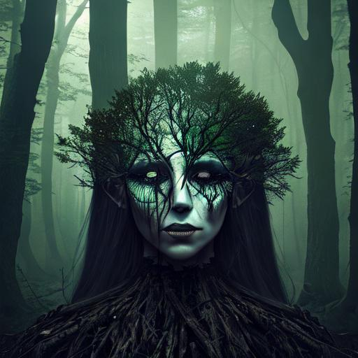 witch with glitched head, dark forest, misty, realis...