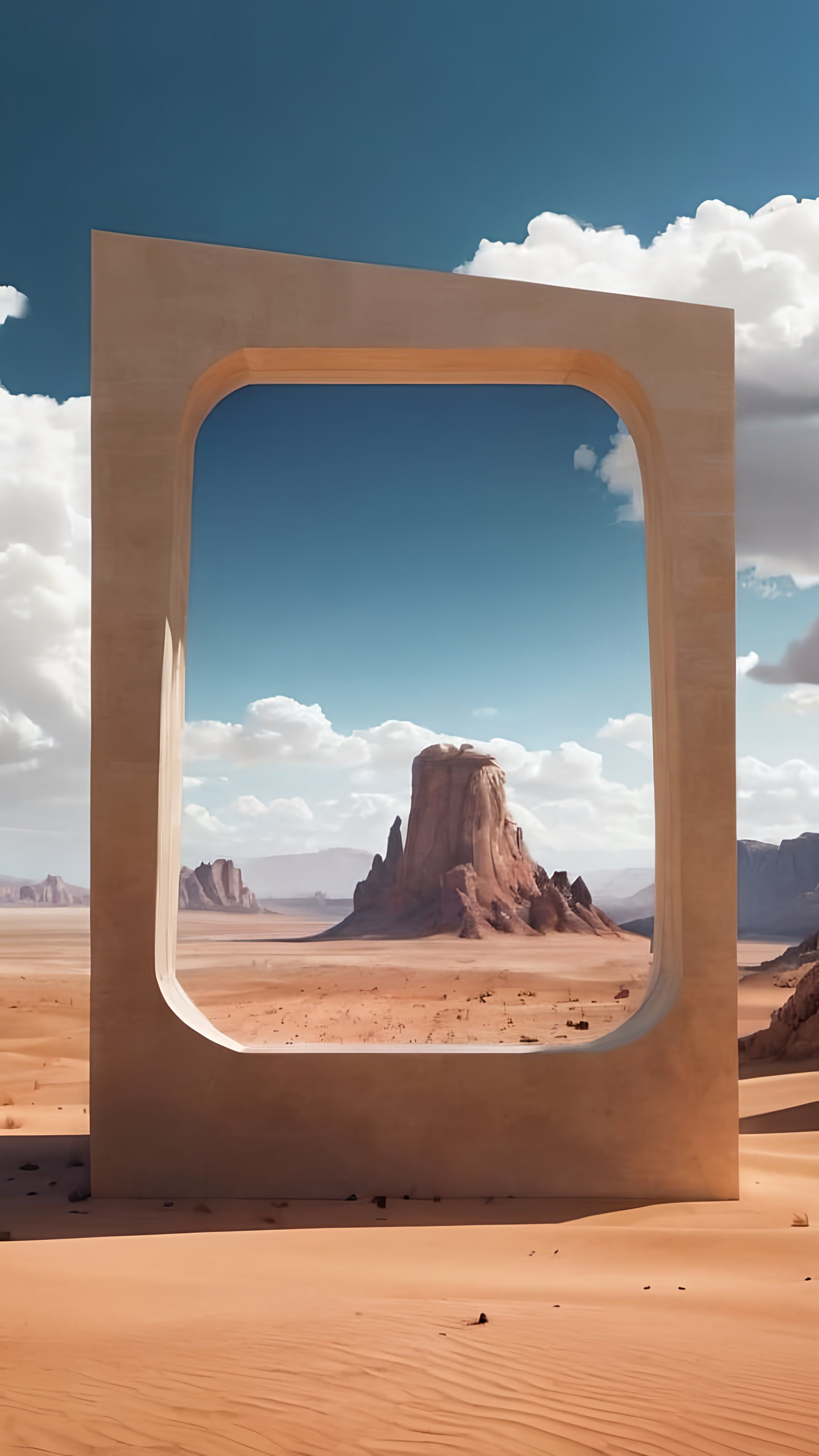 Prompt: a desert scene with a window in the middle of it and a mountain in the background with clouds in the sky, land art