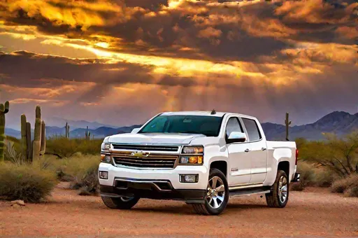 Prompt: long shot scenic professional photograph of a white 2013 Chevrolet Siverado. Sonoran desert, saguaro, PERFECT point of view, highly detailed, wide-angle lens, hyper realistic, with dramatic sky, polarizing filter, natural lighting, vivid colors, everything in sharp focus, HDR, UHD, 64K.
