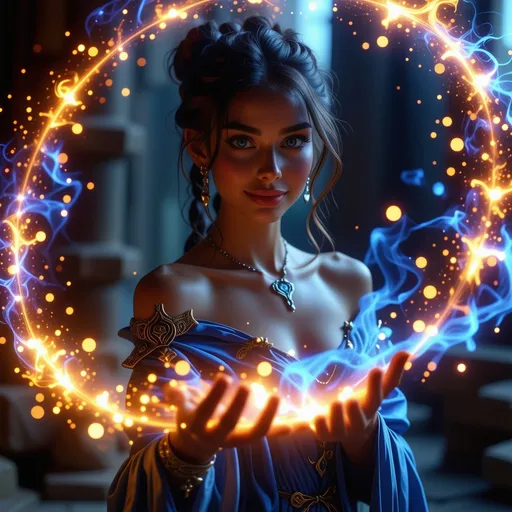 Prompt: A stunning slim female wizard stands poised in a magical dark fantasy realm, casting a mesmerizing spell with elemental energies swirling around her. She wears an alluring off-shoulder costume adorned with elaborate rings, showcasing intricate details and textures. Her beautiful, fair skin glows under soft, ethereal lighting, emphasizing her enchanting blue eyes and captivating smile. Elements of fire, water, wind, and ice dance in a perfect dynamic composition, creating a breathtaking, ultra high-resolution masterpiece.