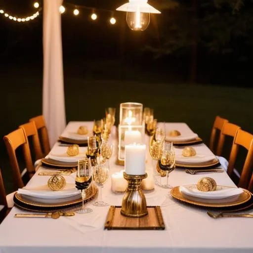 Prompt: A portrait of a table set for a candlelit dinner at night