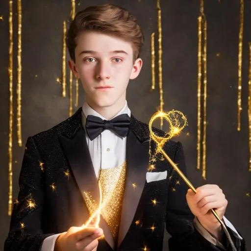 Prompt: 16 year old boy in a tuxedo casting a gold sparkly magic spell with his magic wand 