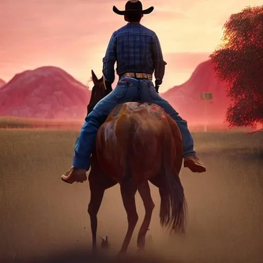 Prompt: pixar style, outlaw cowboy riding horse with his back towards the camera, by Alex Ross, octane render, award winning photography, sunset, dusk lighting, 8k, Redshift Render, ray tracing, epic, ultra realistic, 120mm lens, f/2.8, bokeh effect, by ross tran,