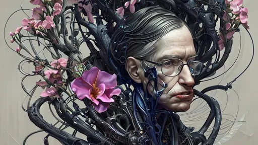 Prompt: a cinematic photograph of stephen hawking | jumper cables and plaster sculpture of oleander flowers | mixed media piece by anna dittmann, gustave dore, tom bagshaw, zaha hadid | mixed media | plaster and wires | accurate anatomy, symmetrical facial features, 3 dimensional, carved and welded together