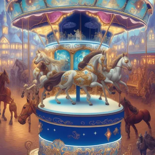 Prompt: A magical carousel music box.  At midnight all the horses come to life. Intricate rococo style. Art by Artem Chebokha, Bartolomeo Rastrelli, François de Cuvilliés, Jacek yerka and Thomas Kinkade. 